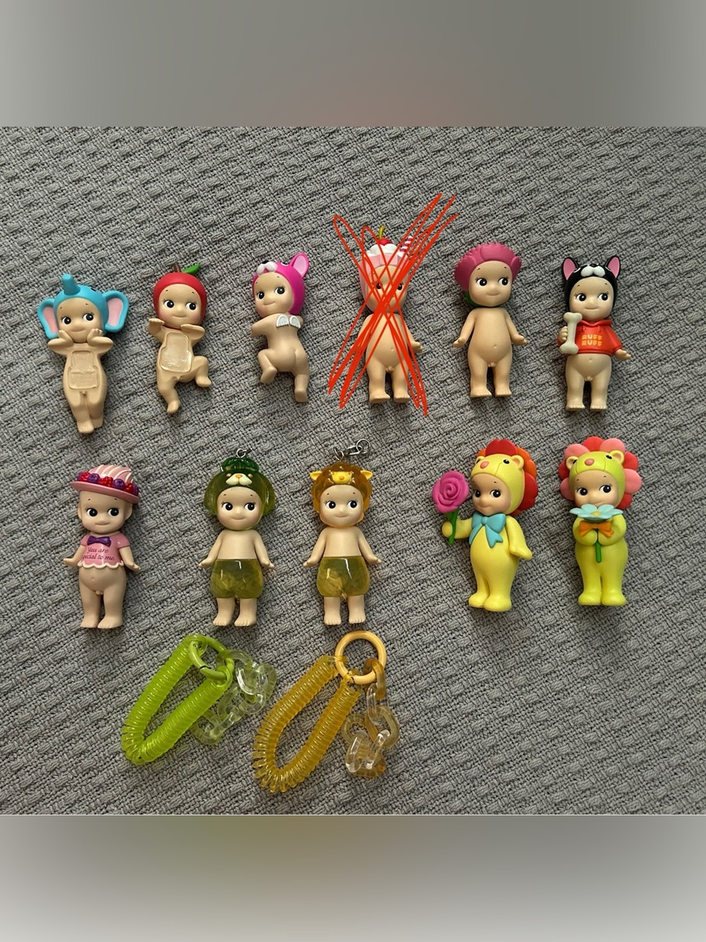 Kewpie-Style Mini Doll Keychain Set - Yellow & Pink Characters